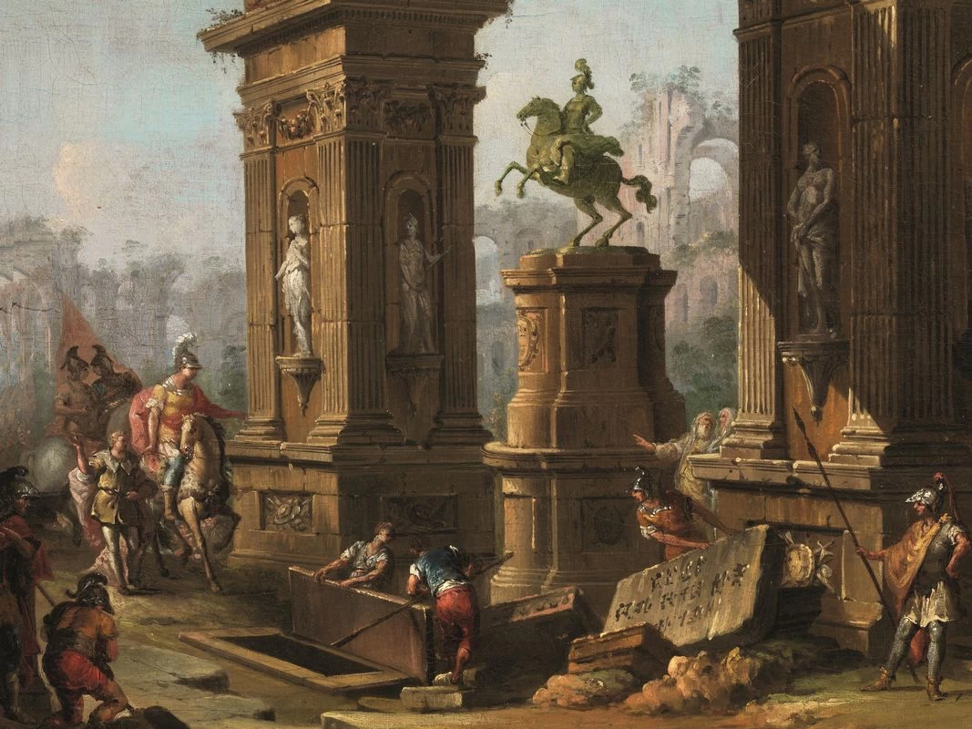 Una veduta capricciosa di un portico classico con Alessandro Magno davanti alla tomba di Achille